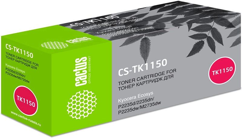 Фото-1 Тонер-картридж Cactus CS-TK1150, упаковка спереди и слева под углом; коробка серо-зелёного цвета с рисунком листьев, круглой меткой TK1150 и названием модели на лицевой стороне; на странице товара показывает упаковку и маркировку картриджа.
