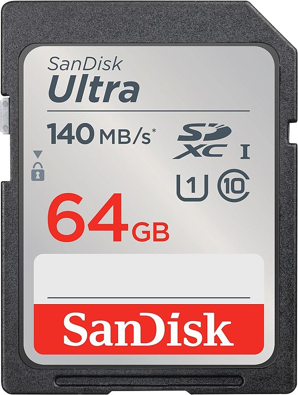 Фото-1 Карта памяти SanDisk Ultra SDXC 64GB — крупный план спереди, серебристая этикетка с красным «64GB», обозначения SDXC UHS-I и Class 10/U1; помогает сопоставить маркировку с описанием.