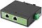 Фото-11 PoE‑инжектор Digma DNP30W48GDXM, ракурс спереди справа. Видны два порта RJ‑45 на зелёной лицевой панели, ряд светодиодных индикаторов, чёрный металлический корпус и зелёная клемма питания на боковой стороне. Изображение показывает конструкцию и разъёмы подключения для страницы товара.