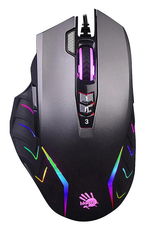 Фото-1 Проводная мышь A4Tech Bloody J95S Grey, вид сверху. На фото видны серо-чёрный корпус игровой формы, колесо прокрутки по центру, несколько верхних кнопок и световые полосы по контуру. Изображение на светлом фоне показывает верхнюю компоновку и оформление модели для страницы товара.