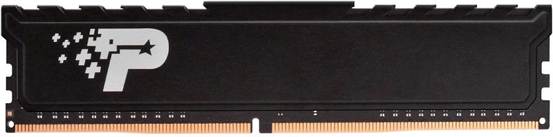 Фото-1 Модуль памяти Patriot Signature Premium PSP416G3200H1 16 ГБ DDR4, фронтальный вид на белом фоне. Видна лицевая сторона чёрного радиатора, белый логотип Patriot слева, ребристая верхняя кромка и контактный край снизу. Чёрный цвет. Фото в карточке товара показывает дизайн радиатора и внешний вид одиночного DIMM-модуля.