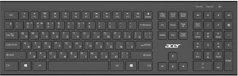 Фото-1 Клавиатура Acer OKR300, вид сверху; на фото полноразмерная беспроводная клавиатура с цифровым блоком, низкопрофильные чёрные клавиши с белой и кириллической маркировкой, отдельные мультимедийные функции на верхнем ряду; изображение важно для страницы товара как основной вид раскладки и корпуса.
