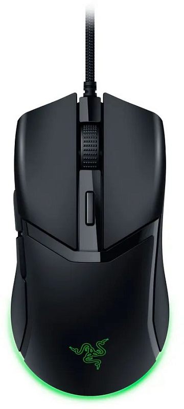 Фото-1 Проводная мышь Razer Cobra, вид сверху. Показаны чёрный матовый корпус, колесо прокрутки, центральная кнопка за колесом и зелёная подсветка логотипа и контура у основания. Изображение важно для страницы товара, потому что даёт чистый обзор формы и верхних элементов управления.