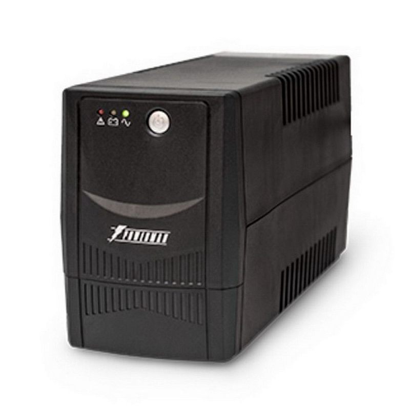 Фото-1 ИБП Powerman Back Pro 650 VA Tower, вид спереди справа; на лицевой панели видны три световых индикатора, круглая кнопка питания и нижняя вентиляционная решётка, по бокам — вертикальные прорези; чёрный пластиковый корпус, студийное фото, важно для страницы как основной внешний вид.
