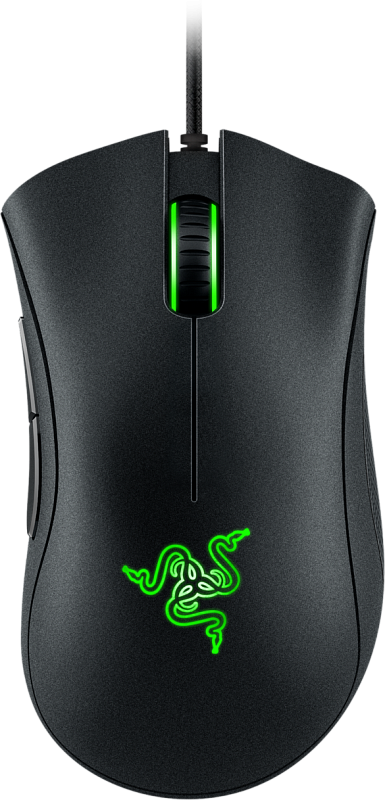 Фото-1 Проводная мышь Razer Essential, вид сверху; чёрный корпус с зелёной подсветкой колеса и логотипа Razer, кабель в тканевой оплётке и симметричная верхняя панель; изображение на чёрном фоне, важно для страницы товара как показывает основной внешний вид модели.