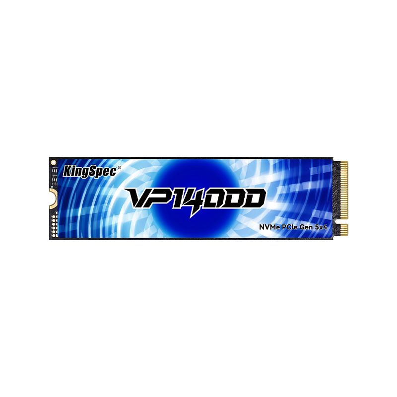 Фото-1 SSD KingSpec VP14000 VP14000 2TB 2280, фронтальный вид M.2 2280 2 TB на светлом фоне; видна тёмная лицевая наклейка с маркировкой VP14000, монтажное отверстие слева и золотистые контакты справа. Полезно для страницы, потому что показывает основной внешний вид и обозначение модели.