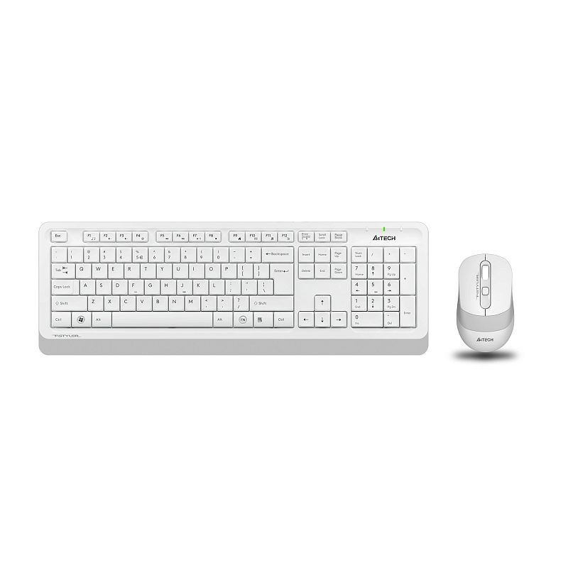Фото-1 Комплект клавиатура и мышь A4Tech FG1010 White — вид сверху: белая клавиатура с цифровым блоком и бело-серая мышь рядом; изображение нужно, чтобы на странице товара увидеть состав набора и цвет.
