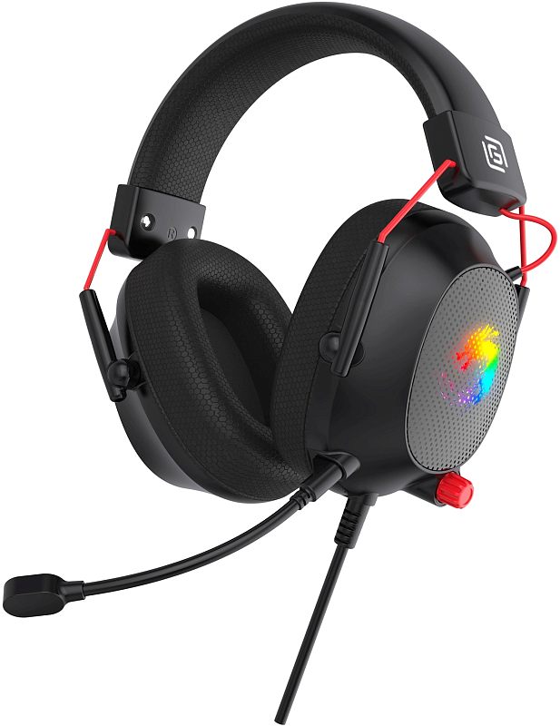 Фото-1 Наушники Oklick HS-L305G, вид спереди под углом с микрофоном; полноразмерная проводная гарнитура с прямоугольными чашками, выносным микрофоном, красными кабельными дугами и круглой ручкой регулировки на чашке; чёрный корпус с красными элементами и цветной подсветкой логотипа на внешней панели, изображение показывает основной внешний вид модели для страницы товара.