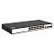 Фото-2 Коммутатор SNR S5110G-24TX-POE, фронтальный ракурс под углом слева. Видны чёрный металлический корпус, 24 медных порта, сервисный консольный разъём и четыре uplink-слота справа. Такой ракурс помогает оценить форму корпуса и компоновку интерфейсов на странице товара.
