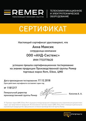 Анна Мамсик - сертифицированный специалист продукции Remer марок Rem, Elbox, ЦМО