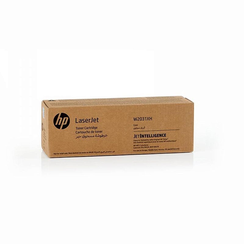 Фото-1 Тонер-картридж HP 415X W2031XH, коробка спереди под углом; коричневая упаковка LaserJet с логотипом HP, маркировкой W2031XH, подписью Cyan и блоком JetIntelligence справа. Фото показывает упаковку и цветовую маркировку модели на странице товара.