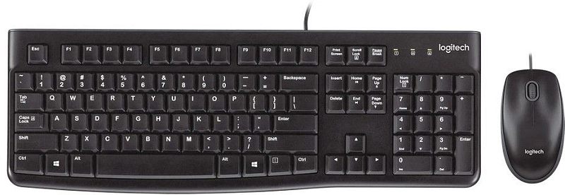 Фото-1 Комплект клавиатура и мышь Logitech MK120, вид сверху: полноразмерная клавиатура с цифровым блоком и проводная мышь рядом, чёрный пластик, на белом фоне — показывает состав комплекта для подключения к ПК.