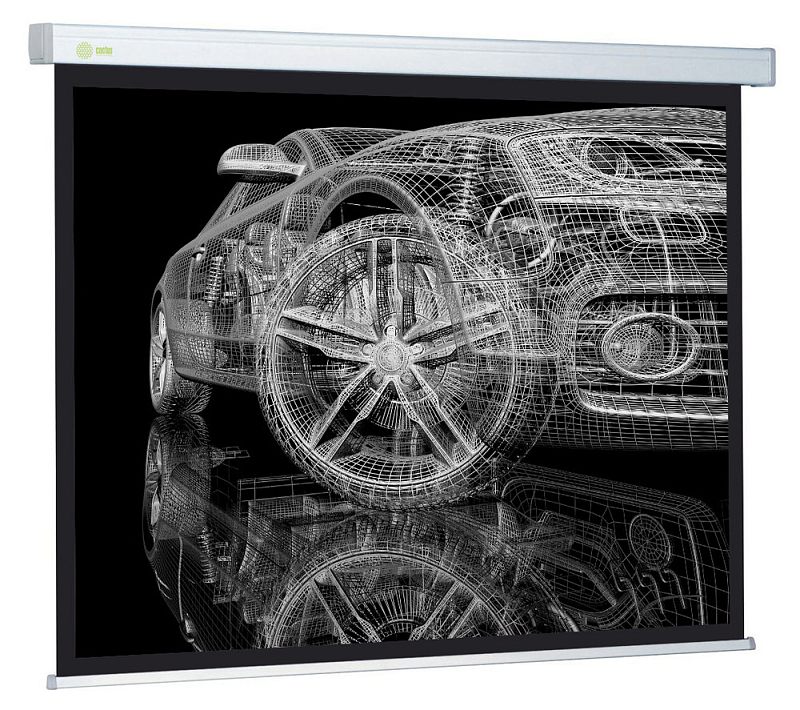 Фото-1 Экран настенно-потолочный Cactus WallScreen CS-PSW 213×213 см (1:1), вид под углом; светло-серебристый верхний корпус и нижняя планка, чёрная рамка по периметру; на полотне отображается 3D-каркас автомобиля на чёрном фоне.