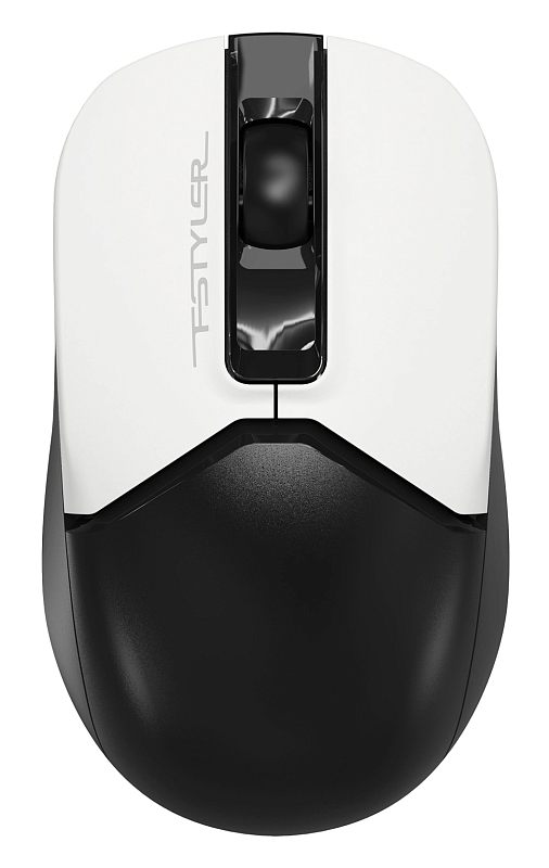 Фото-1 Беспроводная мышь A4Tech Fstyler FG12S Panda, вид сверху; белая верхняя часть, чёрная задняя часть корпуса, чёрное колесо прокрутки в глянцевой вставке и логотип Fstyler; основное изображение товара для страницы модели.