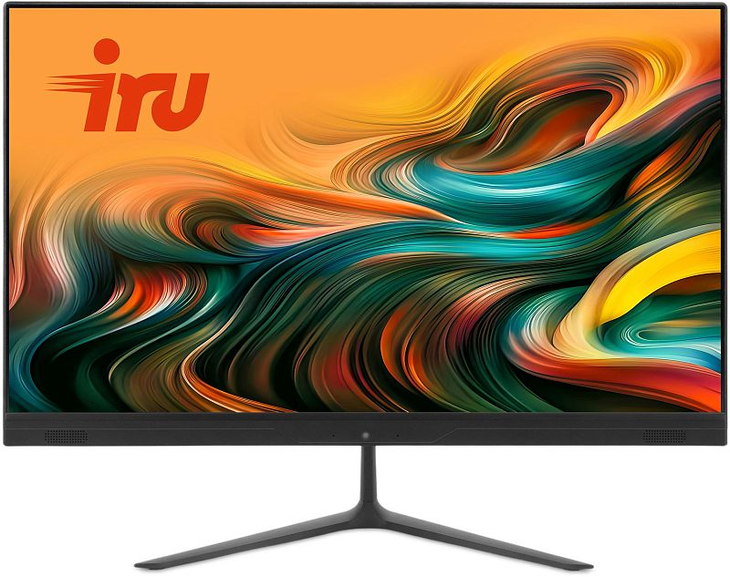 Фото-1 Моноблок iRU P233 23.8, вид спереди. На фото чёрный моноблок с тонкими рамками, фронтальной камерой по центру нижней панели и двумя решётками динамиков по краям, установлен на V-образной подставке. Изображение показывает внешний вид экрана и лицевой панели, что важно для карточки товара моноблока.