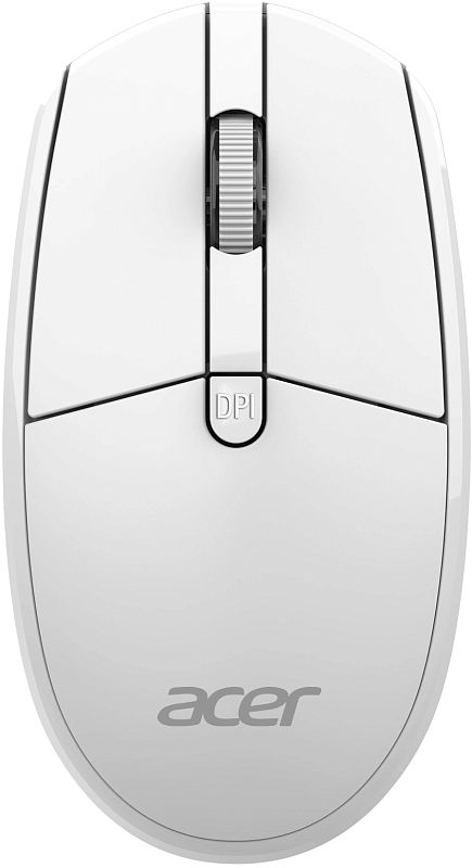 Фото-1 Беспроводная мышь Acer OMR408, вид сверху. На фото белый корпус, колесо прокрутки по центру, кнопка DPI под колесом и логотип Acer на спинке. Изображение важно для страницы товара, потому что показывает верхнюю панель и белое цветовое исполнение модели.