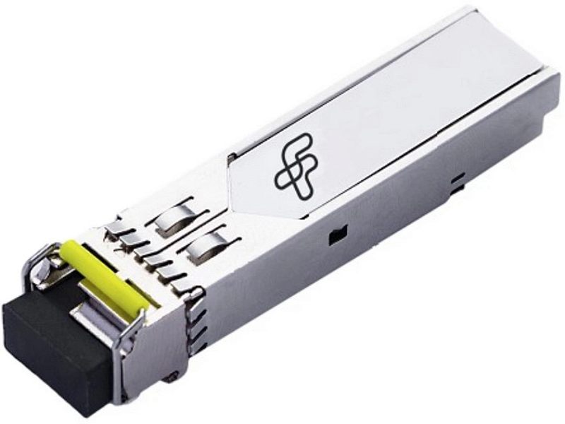 Фото-1 Трансивер Future Technologies FT-SFP WDM 1.25 (5531L-20 B/D) — вид под углом; серебристый корпус, чёрная защитная заглушка на переднем торце, жёлтый фиксатор/защёлка. На странице товара важно для визуального подтверждения форм‑фактора SFP и наличия заглушки.