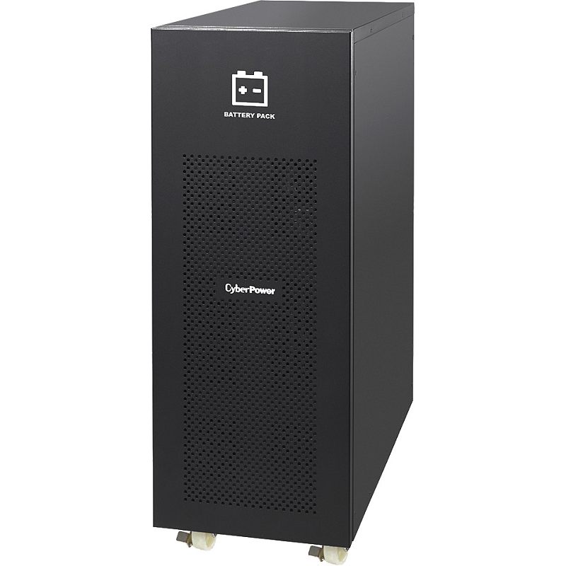 Фото-1 Батарейный блок для ИБП CyberPower BPSE240V47A0A 240 В, вид спереди под углом; чёрный металлический корпус с диагональной вентиляционной решёткой и фронтальной вставкой с надписью Battery Pack; на нижней части видны ролики; фото на белом фоне для карточки товара, показывает общий внешний вид батарейного модуля.