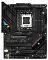 Фото-2 Материнская плата ASUS ROG Strix B650E‑F Gaming WiFi &mdash; вид сверху на плату; чёрная PCB, сокет AM5, четыре слота памяти, радиаторы VRM и накладки над M.2, диагональная зона с графикой ROG; важно для оценки расположения накопителей M.2 и слотов PCIe.