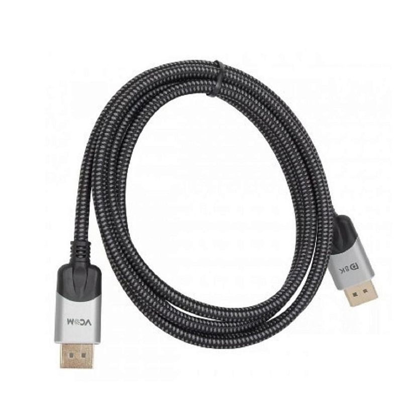 Фото-1 Видеокабель VCOM DisplayPort M–DisplayPort M CG635 3 м, общий вид кабеля в бухте на светлом фоне; чёрная плетёная оболочка, серебристые корпуса разъёмов и маркировка 8K на одном штекере, для страницы товара с показом длины и внешнего исполнения.