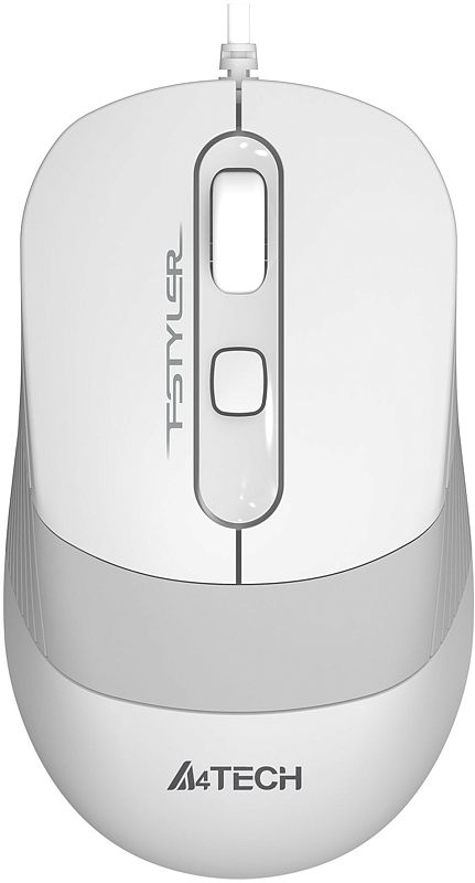 Фото-1 Проводная мышь A4Tech Fstyler FM10S, вид сверху. На фото белый корпус с серой окантовкой, центральное колесо прокрутки и кнопка переключения DPI, кабель выходит спереди. Изображение на белом фоне для карточки товара, показывает раскладку кнопок и цвет модели.