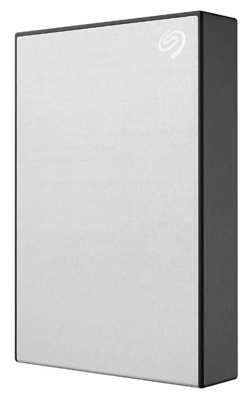 Фото-1 Внешний HDD Seagate One Touch 4 ТБ, ракурс под углом: серебристая лицевая панель с тканевой текстурой, тёмная боковая часть корпуса, логотип Seagate в правом верхнем углу; важно для визуальной идентификации и выбора цвета.