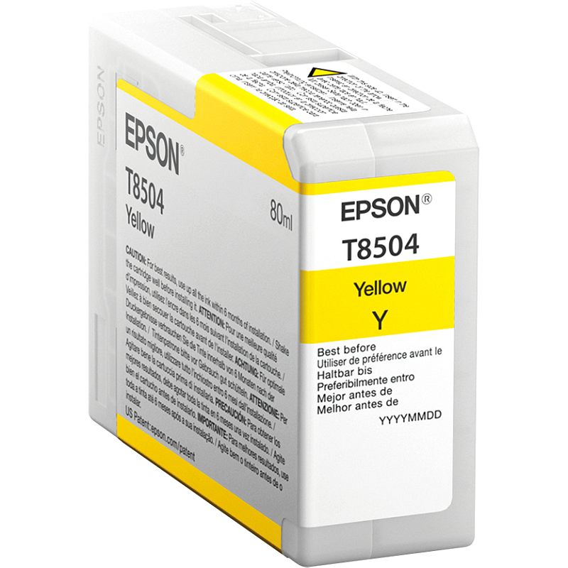 Фото-1 Струйный картридж Epson T8504, жёлтый, 80 мл, вид под углом: на фото компактный полупрозрачный картридж с белой этикеткой T8504 Yellow Y, жёлтыми полосами по корпусу и верхней предупреждающей наклейкой; изображение показывает форму и цветовую маркировку для страницы товара.