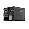 Фото-13 Корпус ПК Fractal Design Node 804, чёрный &mdash; вид сзади с прозрачной боковой панелью; задние решётки под вентиляторы и слоты расширения, через окно заметен установленный вентилятор внутри. Контекст: показ задней компоновки и обзорности через боковое окно.
