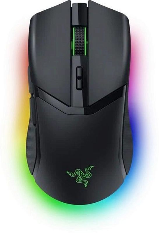 Фото-1 Беспроводная мышь Razer Cobra Pro, вид сверху с RGB-подсветкой по контуру; видны чёрный корпус, колесо прокрутки с зелёной вставкой, две центральные кнопки за колесом и логотип Razer на спинке, фото на белом фоне для страницы товара, чтобы показать верхнюю панель и световой контур корпуса.