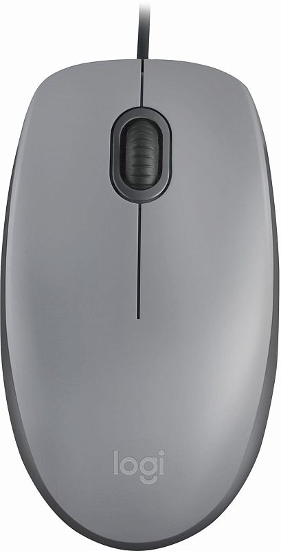 Фото-1 Проводная мышь Logitech M110, вид сверху; серый симметричный корпус, чёрное колесо прокрутки и кабель по центру сверху; изображение на светлом фоне для карточки товара, важно для страницы как показывает базовую форму и расположение основных элементов управления.