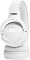 Фото-7 Гарнитура JBL Tune 520BT White, вид под углом на внутреннюю сторону; показаны один белый амбушюр с тканевой сеткой динамика и вторая чашка с внешней крышкой, а также изогнутое оголовье; изображение помогает увидеть посадочную часть и профиль чашек на странице товара.