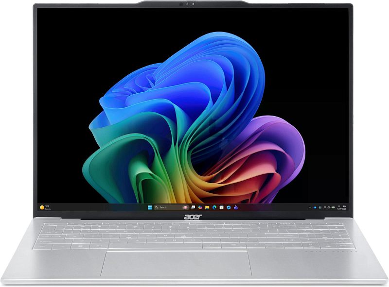 Фото-1 Ноутбук Acer Swift Air 16 SFA16-61M-R721, фронтальный вид с открытым экраном 16 дюймов; на фото видны тонкие рамки, веб-камера в верхней части и клавиатура с цифровым блоком в серебристом корпусе. Изображение показывает внешний вид модели спереди для карточки товара и помогает оценить экранную часть и рабочую зону ноутбука.