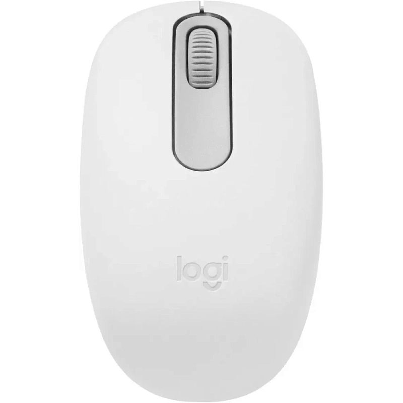 Фото-1 Беспроводная мышь Logitech M196, вид сверху. На фото белый овальный корпус, светло-серое колесо прокрутки и тиснёный логотип logi на спинке; изображение на светлом фоне показывает базовую форму и верхнюю панель модели на странице товара.