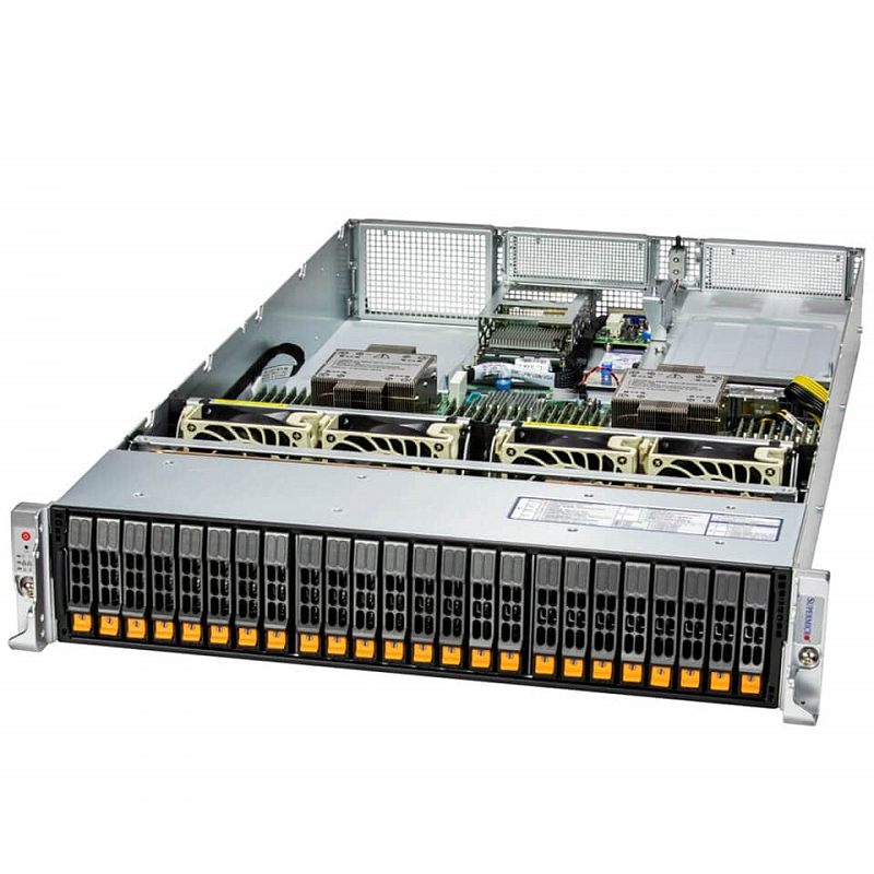 Фото-1 Серверная платформа Supermicro SuperServer 221H‑TN24R, вид спереди под углом с открытой крышкой: фронтальная панель из 24 отсеков hot‑swap 2,5″ с оранжевыми фиксаторами, за ними ряд вентиляторов и радиаторы; серебристый корпус на белом фоне, показывает компоновку дисков и охлаждения для 2U стойки.