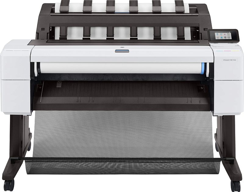 Фото-1 Широкоформатный плоттер HP DesignJet T1600 36, вид спереди; бело‑чёрный корпус на стойке с колёсами, сверху ряд прижимных держателей, справа сенсорный экран; демонстрирует компоновку и стойку устройства.