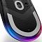 Фото-11 Игровая беспроводная мышь Lenovo Legion M410 Wireless RGB Gaming, вид снизу крупным планом; показаны окно сенсора, переключатель и кнопка на нижней панели, фактурная текстура основания и световая полоса по контуру, чёрный цвет, изображение важно для страницы товара с деталями основания и служебных элементов