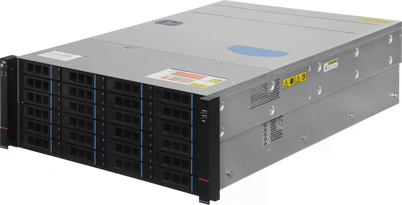 Фото-1 Сервер iRU s4124p 24x3.5 Rack 4U, общий вид спереди слева; стоечный корпус 4U серебристого и чёрного цвета, на передней панели 24 отсека для дисков и справа два USB-порта, изображение показывает внешний вид товара для страницы сервера.