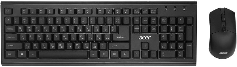 Фото-1 Комплект клавиатуры и мыши Acer OKR120, вид сверху: полноразмерная клавиатура с цифровым блоком и мышь справа, чёрный пластик, на белом фоне для понимания внешнего вида комплекта на странице товара.