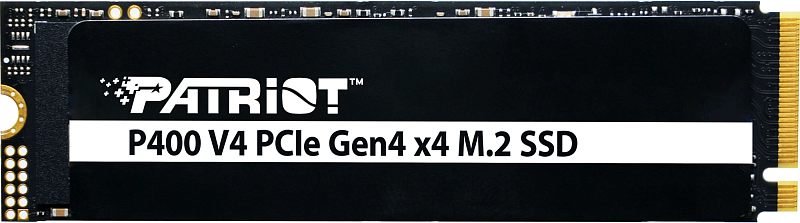 Фото-1 SSD Patriot P400 V4 M.2 2280 1.92 TB, вид сверху крупным планом. На фото чёрный модуль M.2 с чёрно-белой наклейкой Patriot P400 V4 PCIe Gen4 x4 M.2 SSD, слева видно монтажное отверстие, справа - золотистый коннектор. Фото показывает лицевую сторону накопителя для страницы товара.
