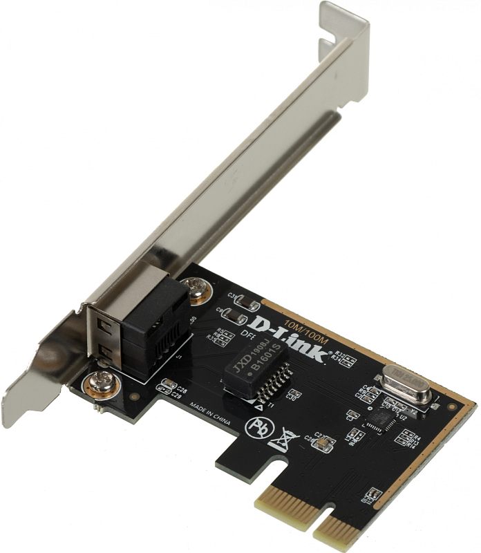 Фото-1 Сетевая карта D-Link DFE-530TX/E1A, вид под углом: чёрная PCIe‑плата с одним портом RJ‑45 на длинной металлической планке, видны винты крепления и микросхемы — помогает оценить компоновку и способ установки.