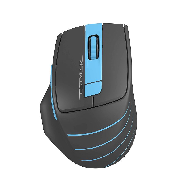 Фото-1 Беспроводная мышь A4Tech FG30S Blue, вид сверху: чёрный корпус с голубыми вставками, голубое колесо прокрутки, центральная кнопка и продольные голубые линии на ладонной части; показывает форму и цветовое исполнение товара.