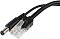 Фото-4 PoE-сплиттер OSNOVO PoE Splitter/2, крупный план выходных разъёмов: прозрачный RJ45 и металлический DC-штекер на чёрном кабеле &mdash; чтобы увидеть типы коннекторов для подключения оборудования.