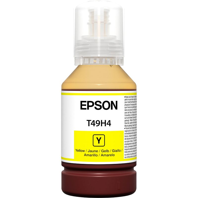 Фото-1 Чернила Epson T49H4 Yellow, флакон спереди; бутылка с прозрачным защитным колпачком, белой этикеткой T49H4 и жёлтым цветовым блоком Y, на белом фоне для страницы чернил и проверки маркировки.