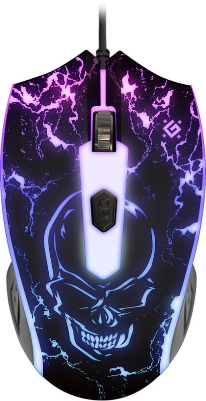 Фото-1 Проводная мышь Defender Overmatch GM-069 RGB, чёрная, вид сверху; на верхней панели рисунок черепа и молний, центральная светящаяся вставка, колесо прокрутки и боковые зоны хвата серого цвета; изображение показывает декоративный принт и световые элементы игровой мыши.