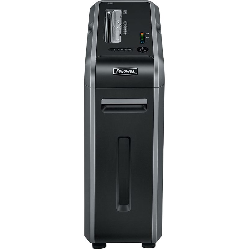 Фото-1 Уничтожитель бумаги Fellowes 125Ci, вид спереди: чёрный корпус с серебристыми боковыми панелями, сверху окно подачи с прозрачным защитным экраном и световая шкала индикатора, ручка-углубление на фасаде.