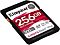 Фото-2 Карта памяти SDXC Kingston Canvas React Plus SDR2/256GB &mdash; вид под углом; чёрный корпус с наклейкой &laquo;256GB&raquo; и &laquo;300MB/s&raquo;, виден боковой элемент корпуса и вырезы форм‑фактора SD. Контекст: демонстрация толщины и формы карты. Важно для страницы товара, чтобы визуально распознать тип SD‑карты и расположение маркировок.
