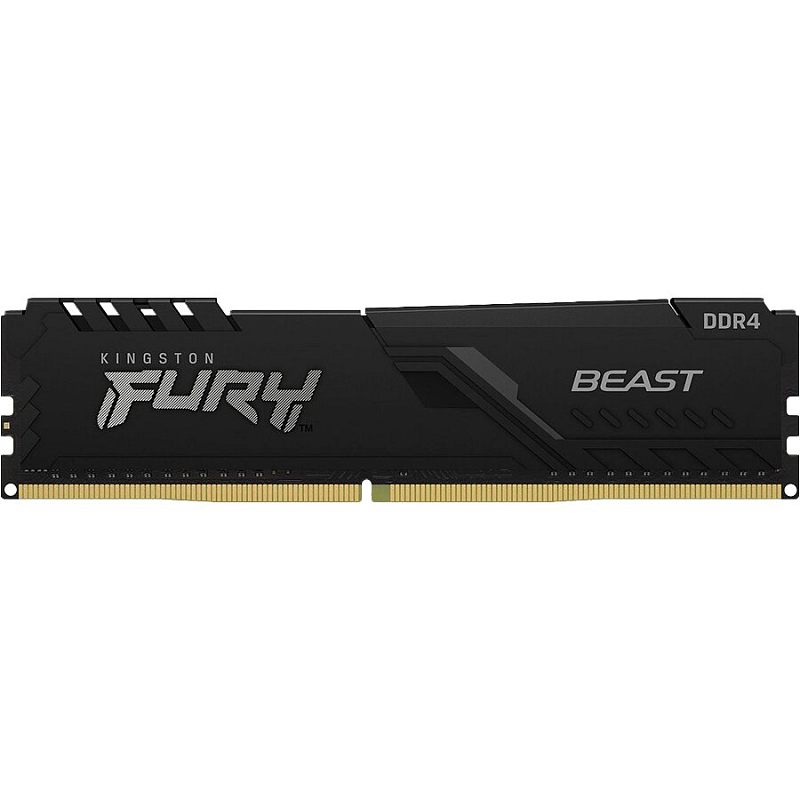 Фото-1 Модуль памяти Kingston FURY Beast KF432C16BB/8W, вид спереди. На фото чёрный радиатор с логотипом FURY, надписью BEAST и золотистым контактным краем DIMM. Изображение важно для страницы товара, потому что показывает лицевую сторону и дизайн теплоотвода.