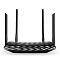 Фото-3 Wi-Fi роутер TP-Link Archer C6, фронтальный вид: чёрный корпус с ромбовидной глянцевой текстурой, четыре антенны и ряд индикаторов на передней панели; на белом фоне, чтобы показать индикацию и внешний вид на странице товара.