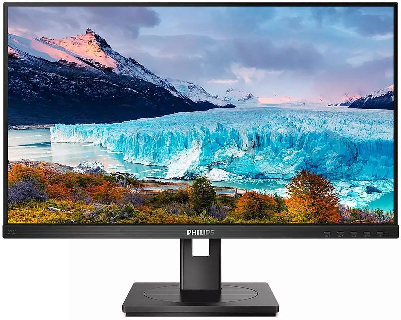 Фото-1 Монитор Philips 272S1M, вид спереди: чёрная рамка, логотип PHILIPS по центру нижней панели, кнопки управления справа, квадратное основание подставки; на экране изображение ледника — для идентификации модели на странице товара.