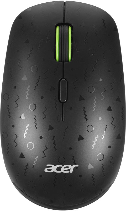 Фото-1 Беспроводная мышь Acer OMR307, вид сверху; чёрный корпус с графическим узором, зелёное колесо прокрутки и центральная кнопка переключения DPI; изображение на белом фоне для карточки товара, важно для страницы товара как показывает основной дизайн и органы управления.
